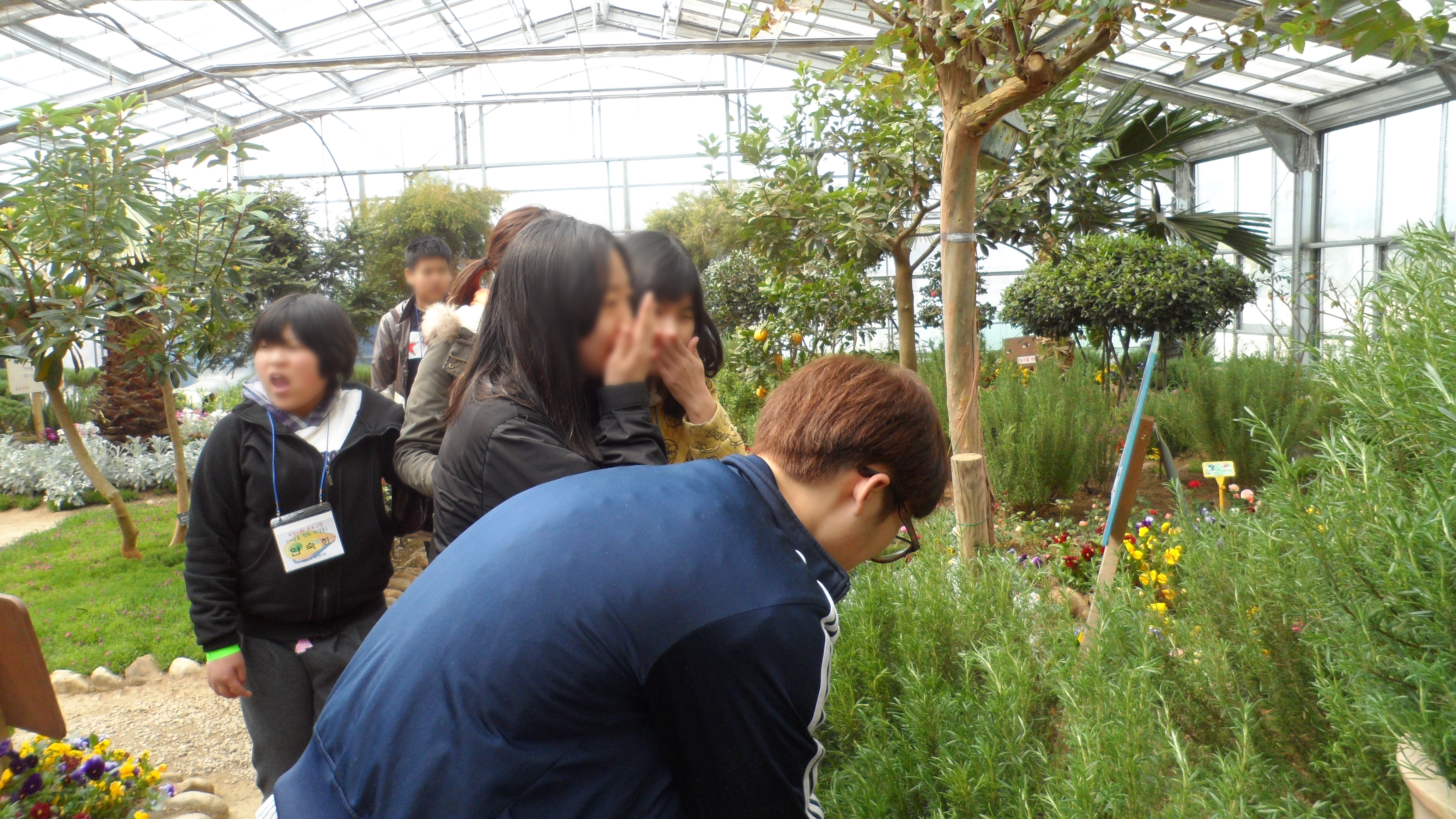 장애 학생들이 식물원에서 꽃구경을 하고 있는 모습